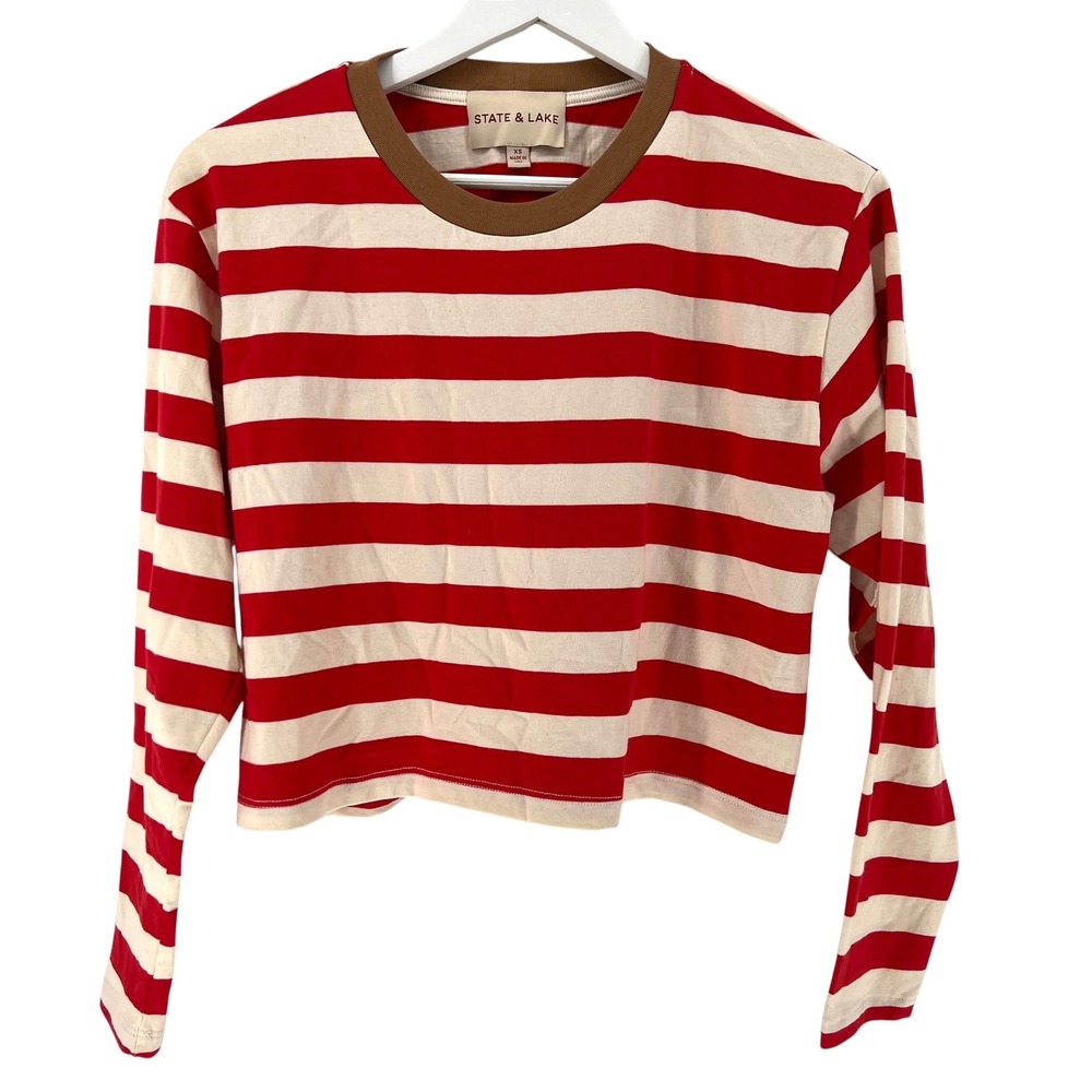 State & Lake Striped Top Women XS Red Cream Cropped Nautical Parisian Preppy